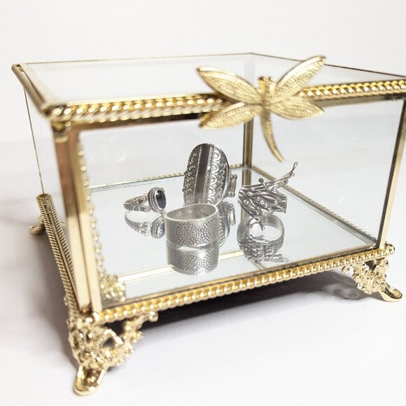 Rachel Ashwell Gold Glass and Mirror Trinket Jewelry Box with Dragonfly Accent - Picture 3 of 6